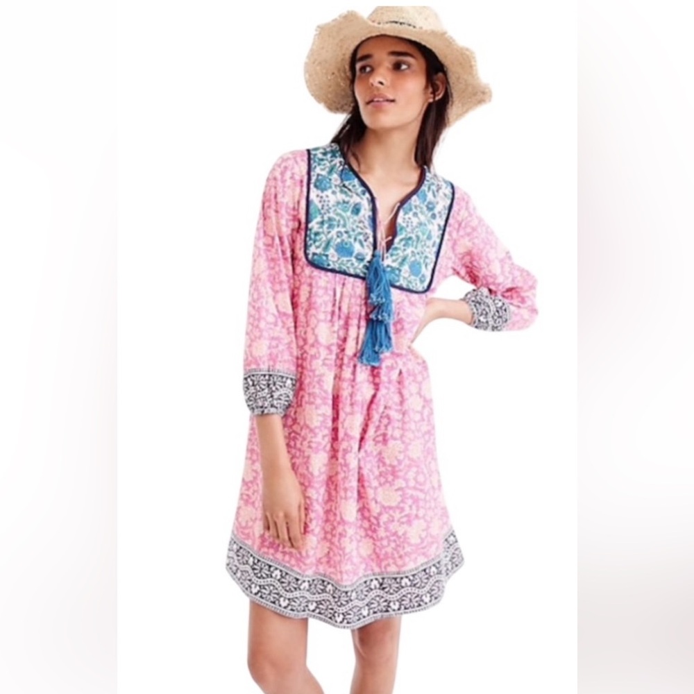 SZ Blockprints Pink Blue Cotton Tassel Kitty Dress Coverup Dress Very gd cond M